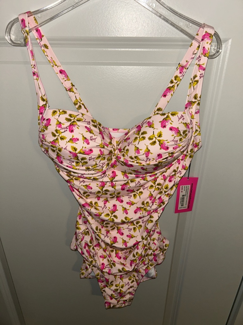 Betsey Johnson Floral Print Ruched swimsuit ROSES ROSE ROSEBUDS PINK SZ M NEW! - Picture 8 of 9